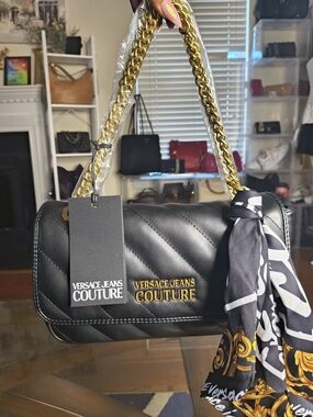 NWT Versace Jeans Couture Black Quilted Shoulder Bag with Gold Chain Straps